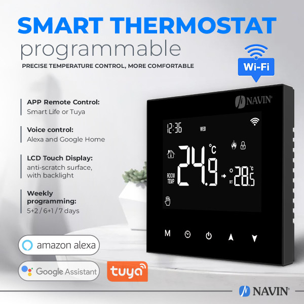 NAVIN Temperaturregler WT410 W-3A mit Wi-Fi für Gasheizkessel, schwarz