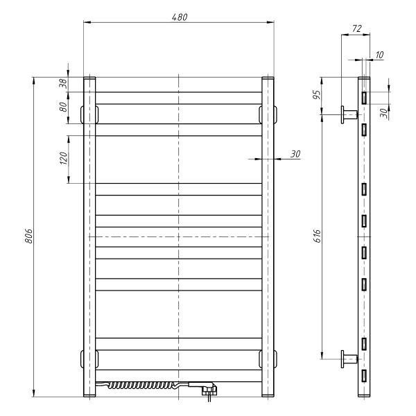 Elektrischer Handtuchheizkörper Avangard 480x800 Weiß mit Kabelausgang links
