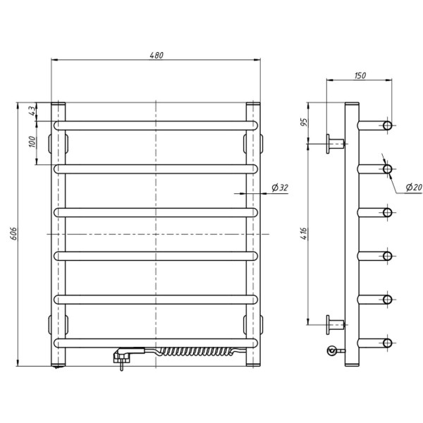 Elektrischer Badheizkörper Navin Symphony 480x600 mit Kabelausgang rechts
