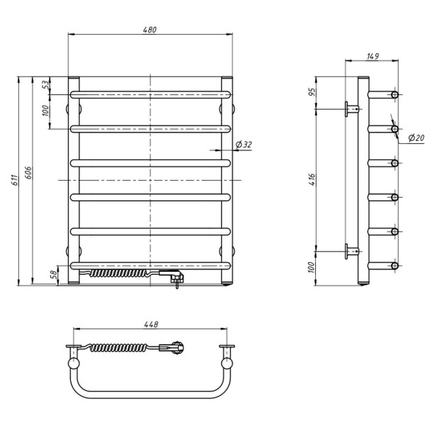 Elektrischer Badheizkörper Navin Symphony 480x600 mit Kabelausgang links