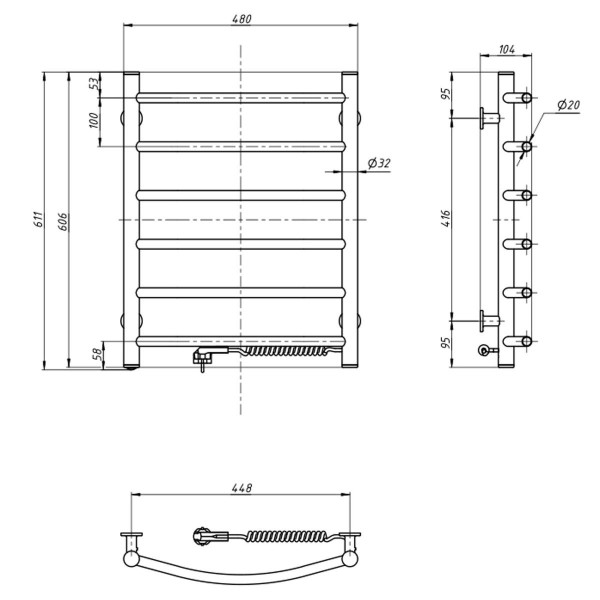 Elektrischer Badheizkörper Camellia 480x600, weiß, mit Kabelausgang rechts