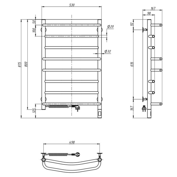 Elektrischer Handtuchheizkörper Edelstahl Omega Sensor 530x800 mit Kabelausgang links