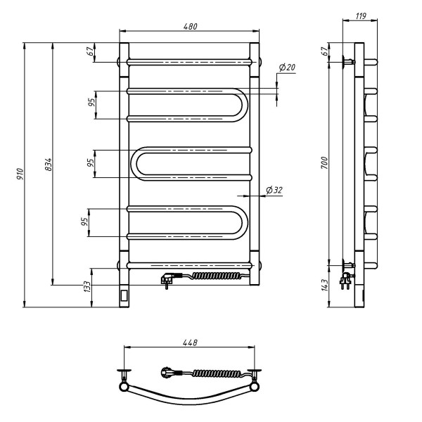 Elektrischer Handtuchheizkörper NAVIN Edelstahl Pirouette Sensor 480x800 mit Kabelausgang rechts