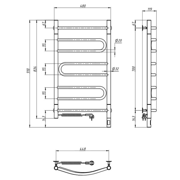 Edelstahl Handtuchheizkörper Elektrisch Pirouette Sensor 480x800 mit Kabelausgang links
