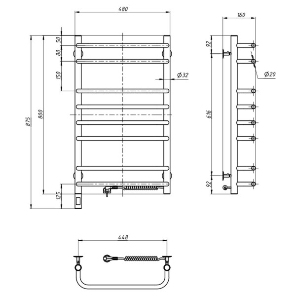 Edelstahl Handtuchheizkörper SYMPHONIA Elektrisch 480x800 mit Kabelausgang rechts