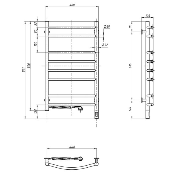Elektrischer Badheizkörper Camellia 480x800, Sensor links, Timer, weiß