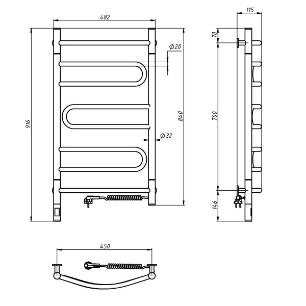 Elektrischer Handtuchheizkörper Pirouette Sensor 480x800 Schwarz mit Kabelausgang rechts