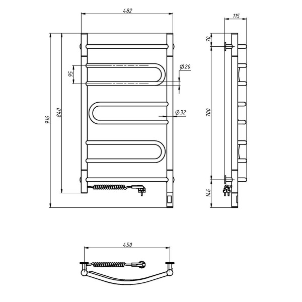 Elektrischer Badheizkörper Schwarz Pirouette Sensor 480x800 mit Kabelausgang links