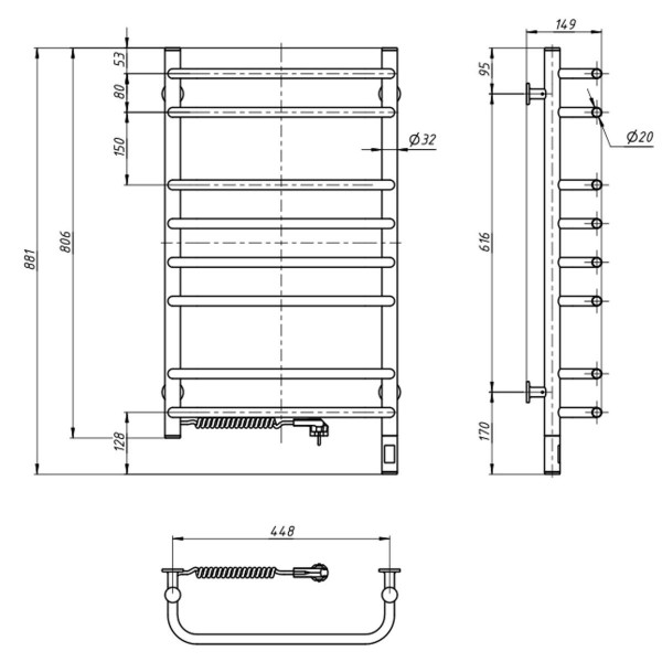 Elektrischer Badheizkörper Navin Symphony 480x600 links mit Sensor und Timer