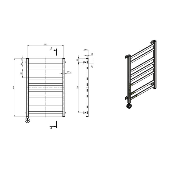 Edelstahl-Badheizkörper Avangard 500x800, wasserbetrieben