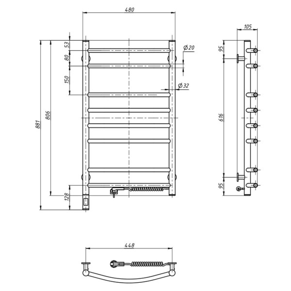 Elektrischer Badheizkörper Camellia 480x800, Sensor rechts, Timer, Schwarz Marmor
