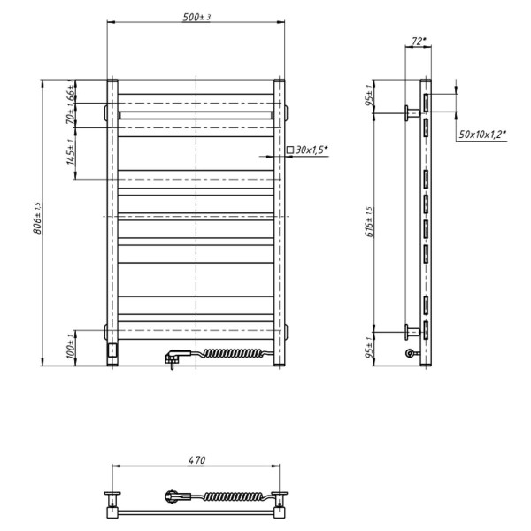 Elektrischer Badheizkörper Navin Largo 500x800, Sensor rechts, Timer, Schwarz Mora