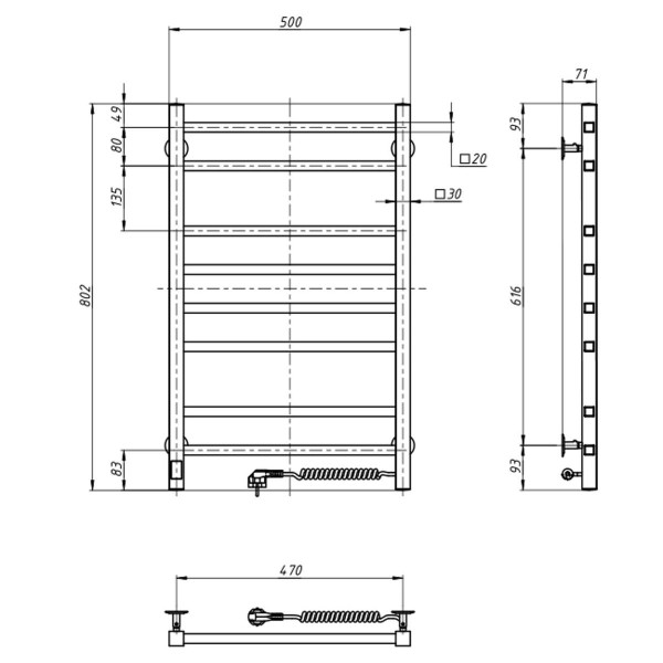 Elektrischer Badheizkörper Navin Loft 500x800, Sensor rechts, Timer