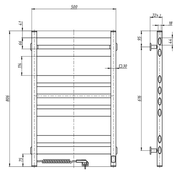Elektrischer Badheizkörper Navin Ellipse 500x800, Sensor links, Timer, weißer Samt