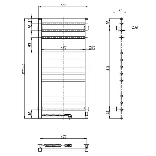 Elektrischer Badheizkörper Weiß Classic Quadro Sensor 500x1000 mit Kabelausgang links