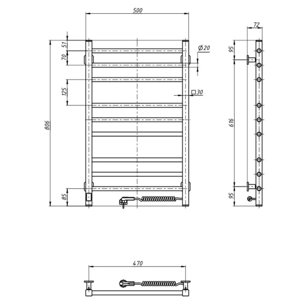 Heizkörper Classic Quadro 500x800, elektrisch, weiß, mit Sensor rechts, Timer
