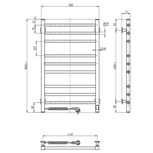 Heizkörper Classic Quadro 500x800, links mit Sensor, Timer, weiß