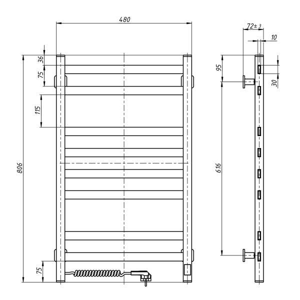 Elektrischer Handtuchheizkörper Avangard Sensor 480x800 Weiß mit Kabelausgang links