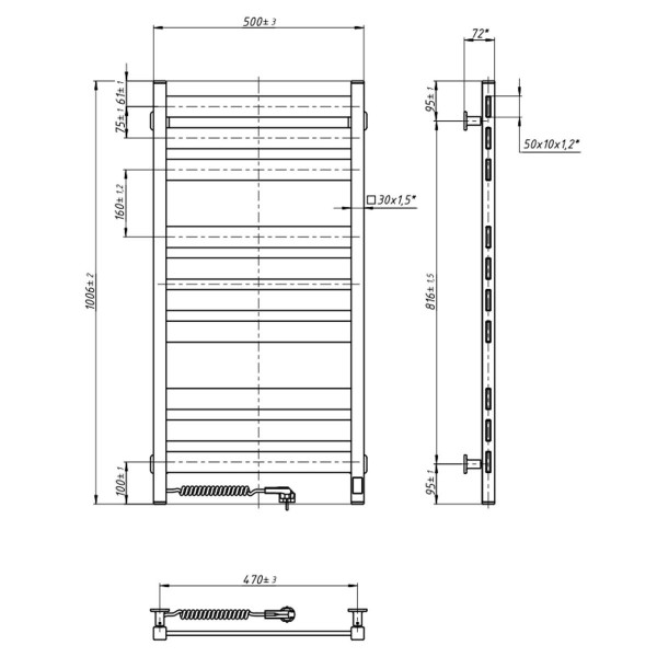 Elektrischer Badheizkörper Navin Largo 500x1000, Sensor links, weißer Samt, Timer
