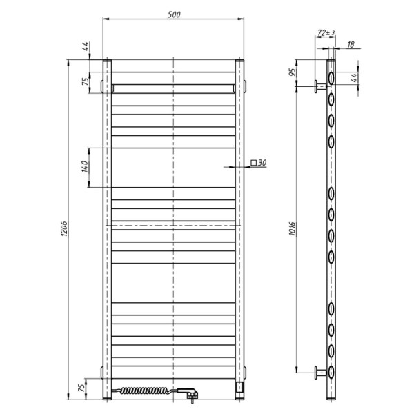 Navin Ellipse Handtuchheizkörper 500x1200, links, weiß Samt, Timer