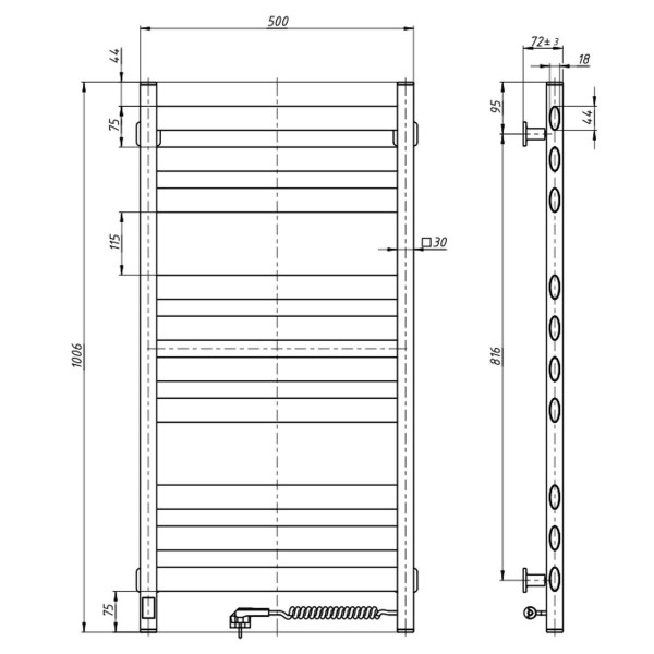 Navin Ellipse Handtuchheizkörper 500x1000, Sensor rechts, weiß Samt, Timer