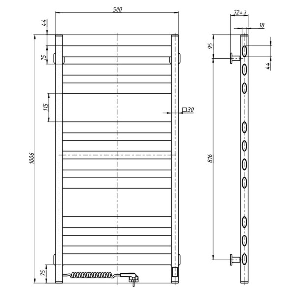 Elektrischer Badheizkörper Weiß Ellipse Sensor 500x1000 mit Kabelausgang links
