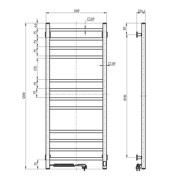 Elektrischer Badheizkörper Navin Loft 500x1200 Sensor weiß mit Timer links