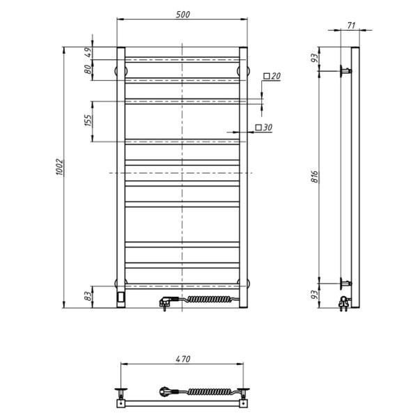 Navin Loft Handtuchheizkörper 500x1000, elektrisch, mit Sensor rechts, Timer