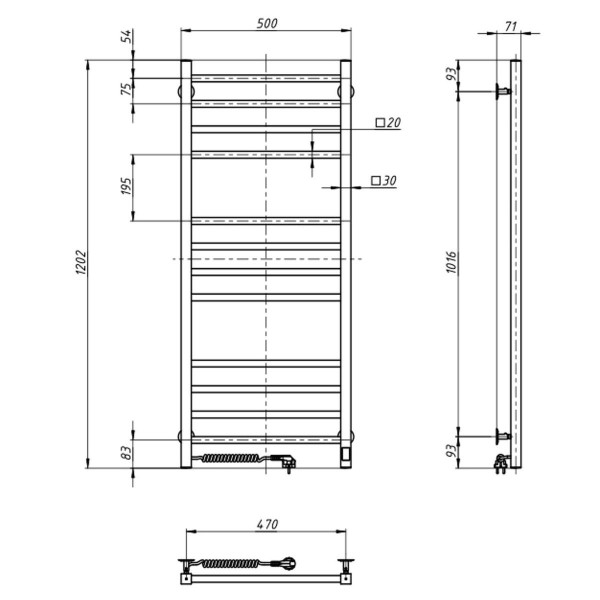 Edelstahl Handtuchheizkörper LOFT Sensor 500x1200 elektrisch links