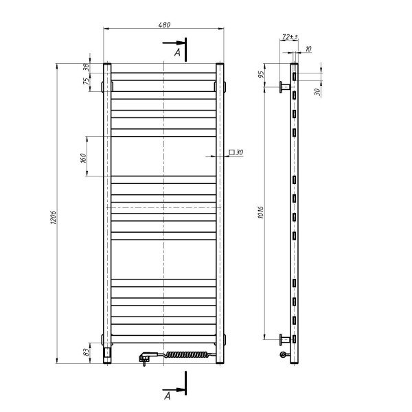 Elektrischer Badheizkörper NAVIN Avangard 480x1200 Sensor, weiß, rechts, Timer