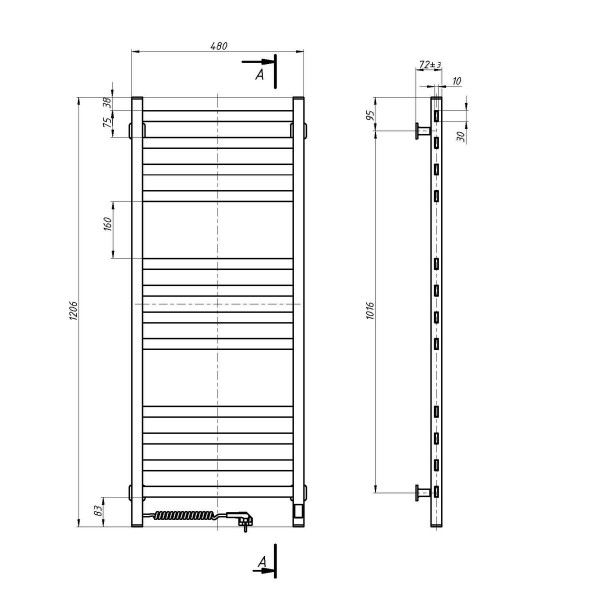 Elektrischer Badheizkörper NAVIN Avangard 480x1200 Sensor, weiß, links, Timer