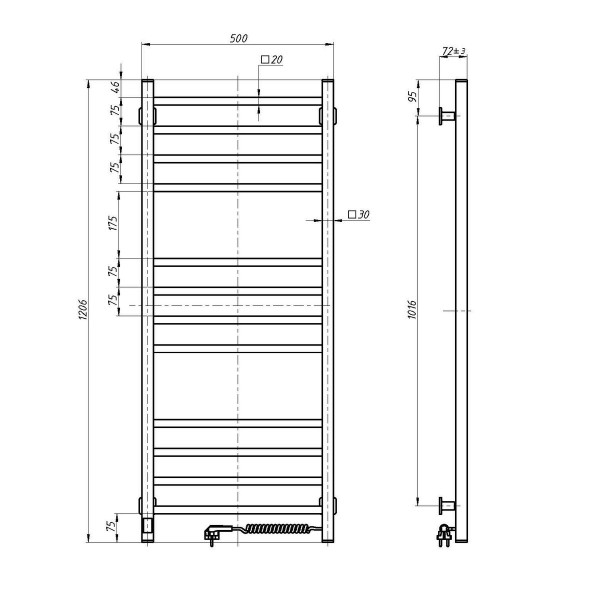 Elektrischer Badheizkörper Navin Loft 500x1200, Sensor rechts, Timer, weiß