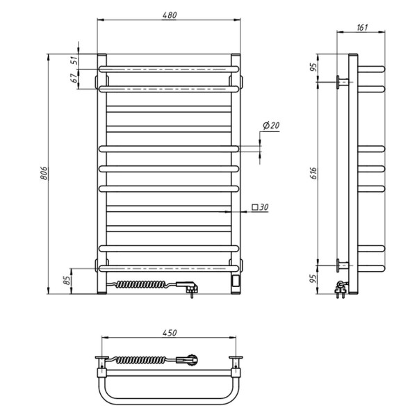 Electric Towel Rail BLACK GRANDIS Sensor 480х800 left