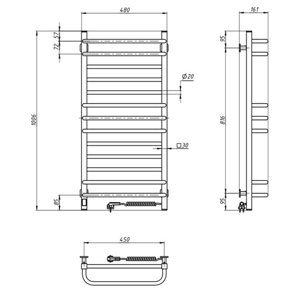 Elektrischer Badheizkörper Navin Grandis 480x1000 Sensor, rechts, Timer, Schwarz Mora