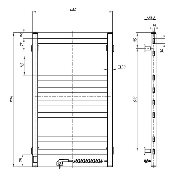 Elektrischer Badheizkörper Weiß Avangard Sensor 480x800 mit Kabelausgang rechts