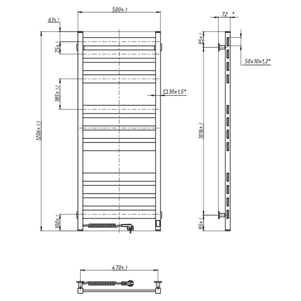 Elektrischer Badheizkörper Largo 500x1200 Sensor links, Timer, Weiß Velours