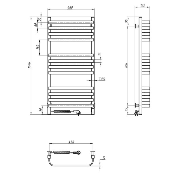 Elektrischer Badheizkörper Navin Stugna 480x1000 Sensor links, schwarze Mora