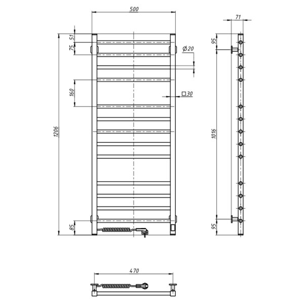 Elektrischer Badheizkörper Classic Quadro Sensor 500x1200, weiß, mit Kabelausgang links