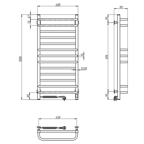 Elektrischer Badheizkörper Navin Grandis 480x1000 Sensor, weiß, mit Kabelausgang links