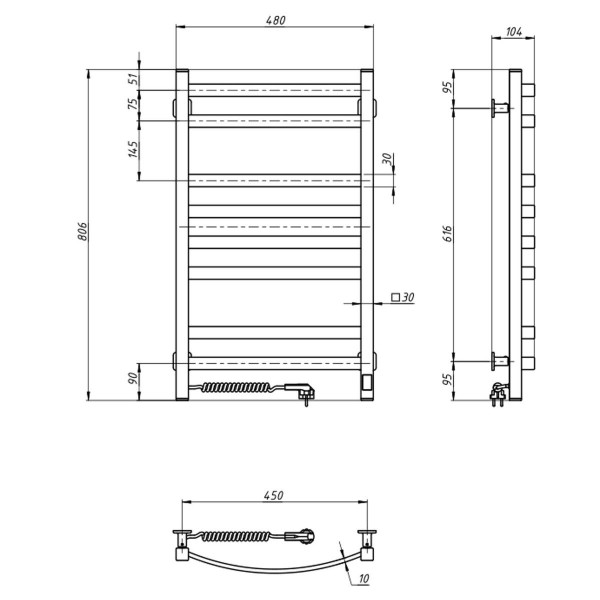 Elektrischer Badheizkörper NAVIN AVALON 480x800 Sensor links, schwarze Mora