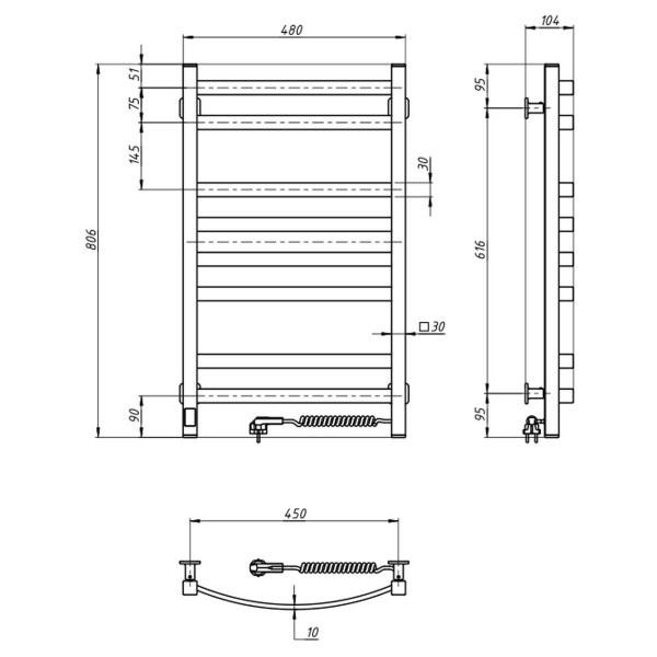 Elektrischer Badheizkörper NAVIN AVALON 480x800 Sensor rechts, schwarze Mora