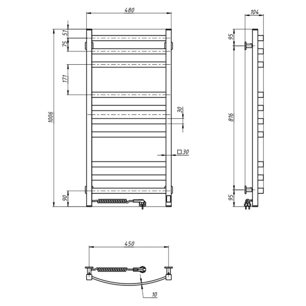 Elektrischer Badheizkörper NAVIN AVALON 480x1000 Sensor links, weiß