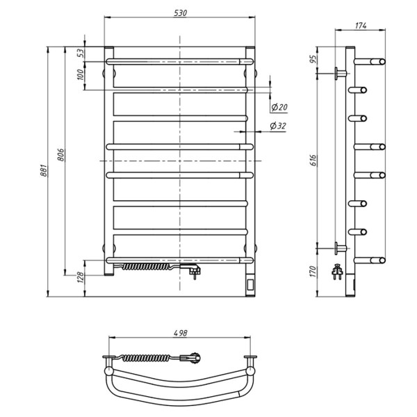 Elektrischer Handtuchheizkörper Omega Sensor 530x800, weiß, mit Kabelausgang links