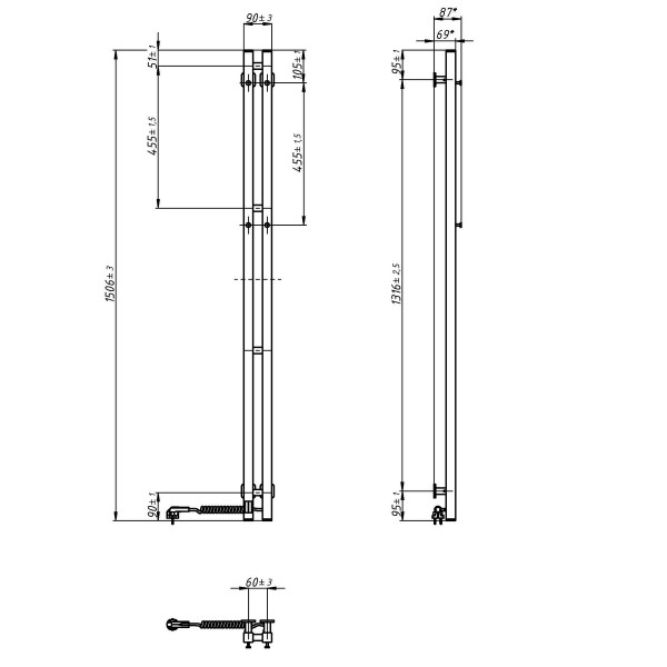 Elektrischer Badheizkörper Silhouette Quadro 90x1500 Sensor rechts, weiß