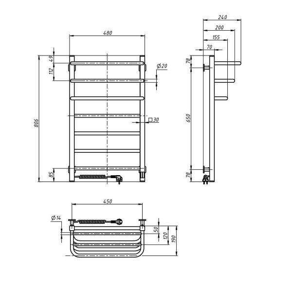 Elektrischer Handtuchheizkörper NAVIN FORTIS 480x800 Sensor • links • Edelstahl