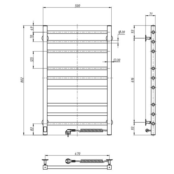 Elektrischer Badheizkörper Navin Classic Quadro 500x800, Sensor rechts, Timer