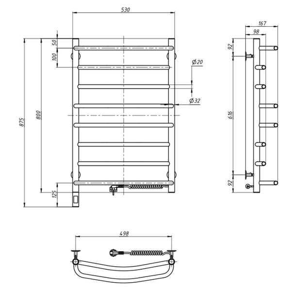 Elektrischer Handtuchheizkörper Edelstahl Omega Sensor 530x800 rechts