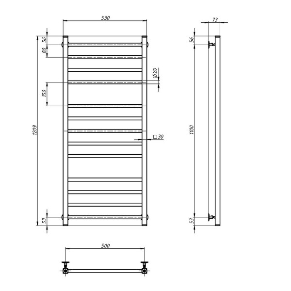 Navin Classic Quadro Handtuchheizkörper, wasserbetrieben, Edelstahl, 500x1200