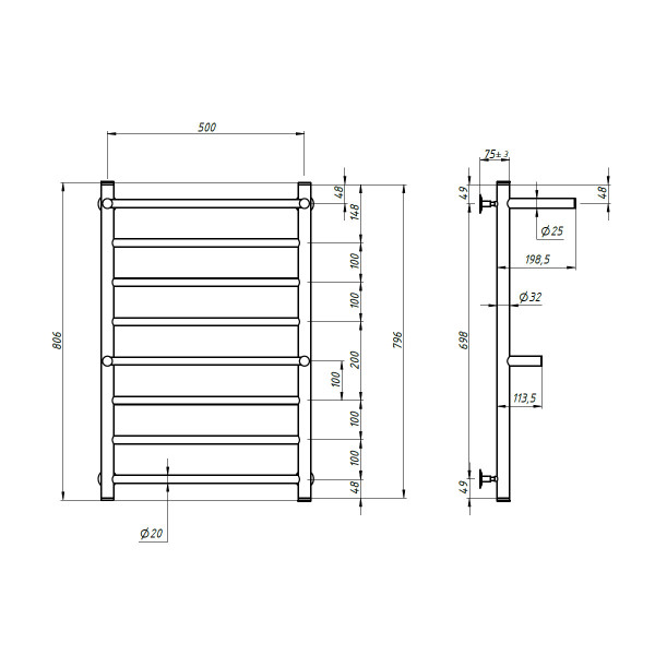 Edelstahl Badheizkörper Classic mit Ablage 500x800, wasserbetrieben