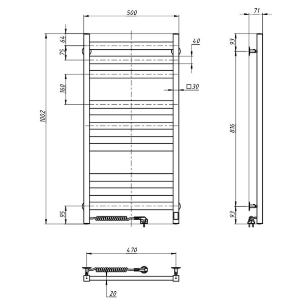 Navin Ellipse Handtuchheizkörper 500x1000, Sensor links, Timer